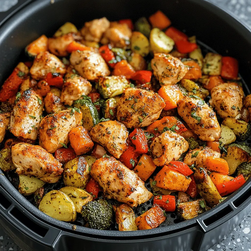 Looking for a quick and delicious meal? This Air Fryer Chicken and Vegetables recipe delivers tender chicken and vibrant veggies in just 15 minutes! It's perfect for busy weeknights or a healthy meal prep option. Packed with flavor and easy to customize with your favorite seasonings. Save this recipe for a hassle-free dinner idea tonight!