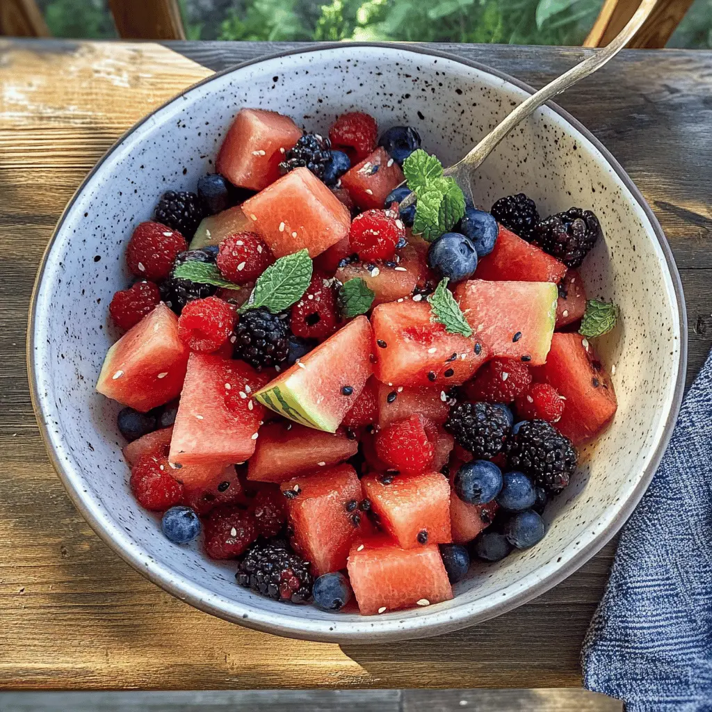 Brighten your day with this refreshing Berry Watermelon Fruit Salad! Packed with juicy watermelon, sweet strawberries, and plump blueberries, this colorful dish is perfect for picnics or summer barbecues. It's not just a treat for the taste buds but also a feast for the eyes. Save this recipe to enjoy a burst of fresh flavors any time!