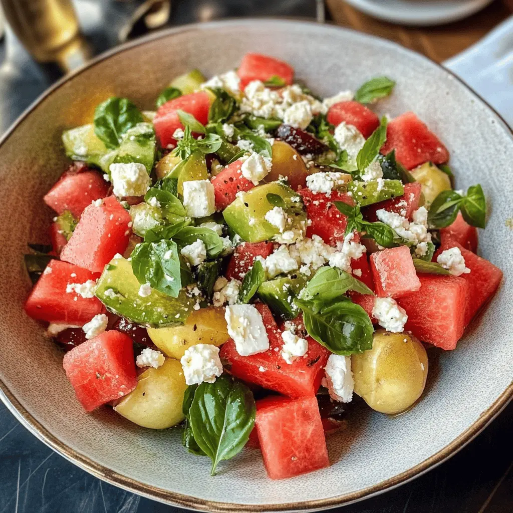 Brighten up your summer with this Fresh and Tangy Watermelon Salad with Feta Cheese! Bursting with juicy watermelon, creamy feta, and a hint of mint, this salad is perfect for picnics and barbecues. It's not just refreshing, but also a delightful way to stay cool. Save this recipe and impress your guests at your next gathering!