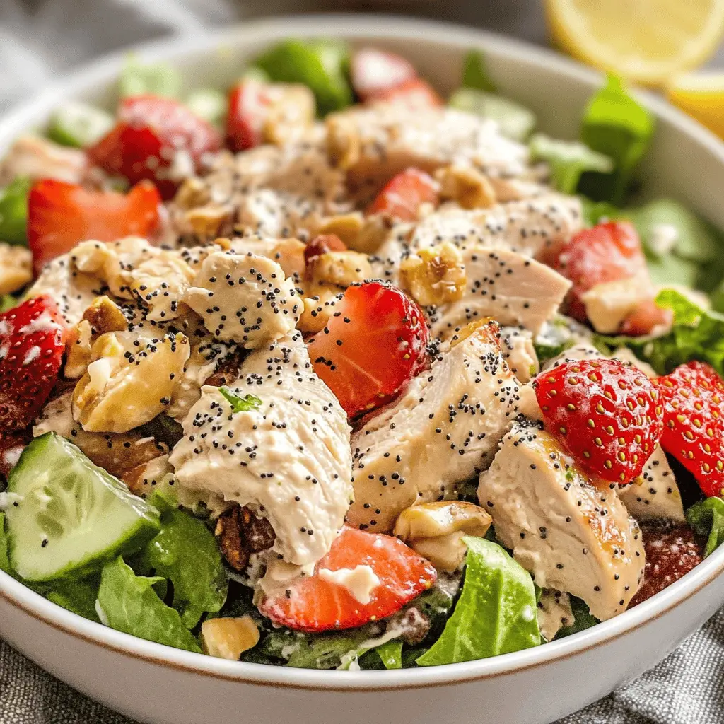 Brighten your meal with this Strawberry Poppy Seed Rotisserie Chicken Salad! Packed with juicy strawberries and tender rotisserie chicken, it's a delightful mix of flavors and textures. Perfect for a light lunch or a picnic treat. Save this recipe for those sunny days when you crave something fresh and delicious!