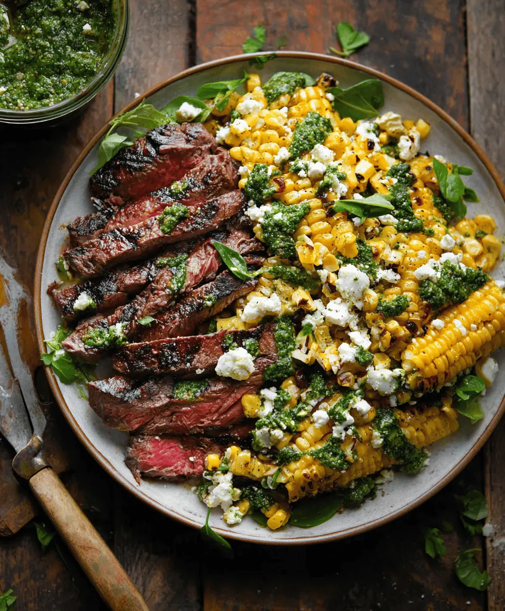 Flank Steak with Creamy Corn, Feta & Spinach Sauce