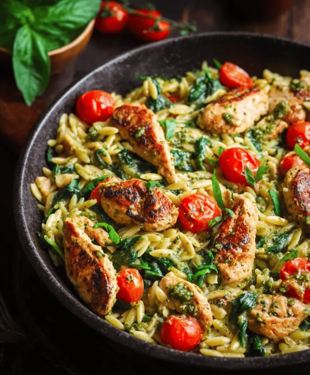 Creamy Chicken Orzo with Spinach and Tomatoes