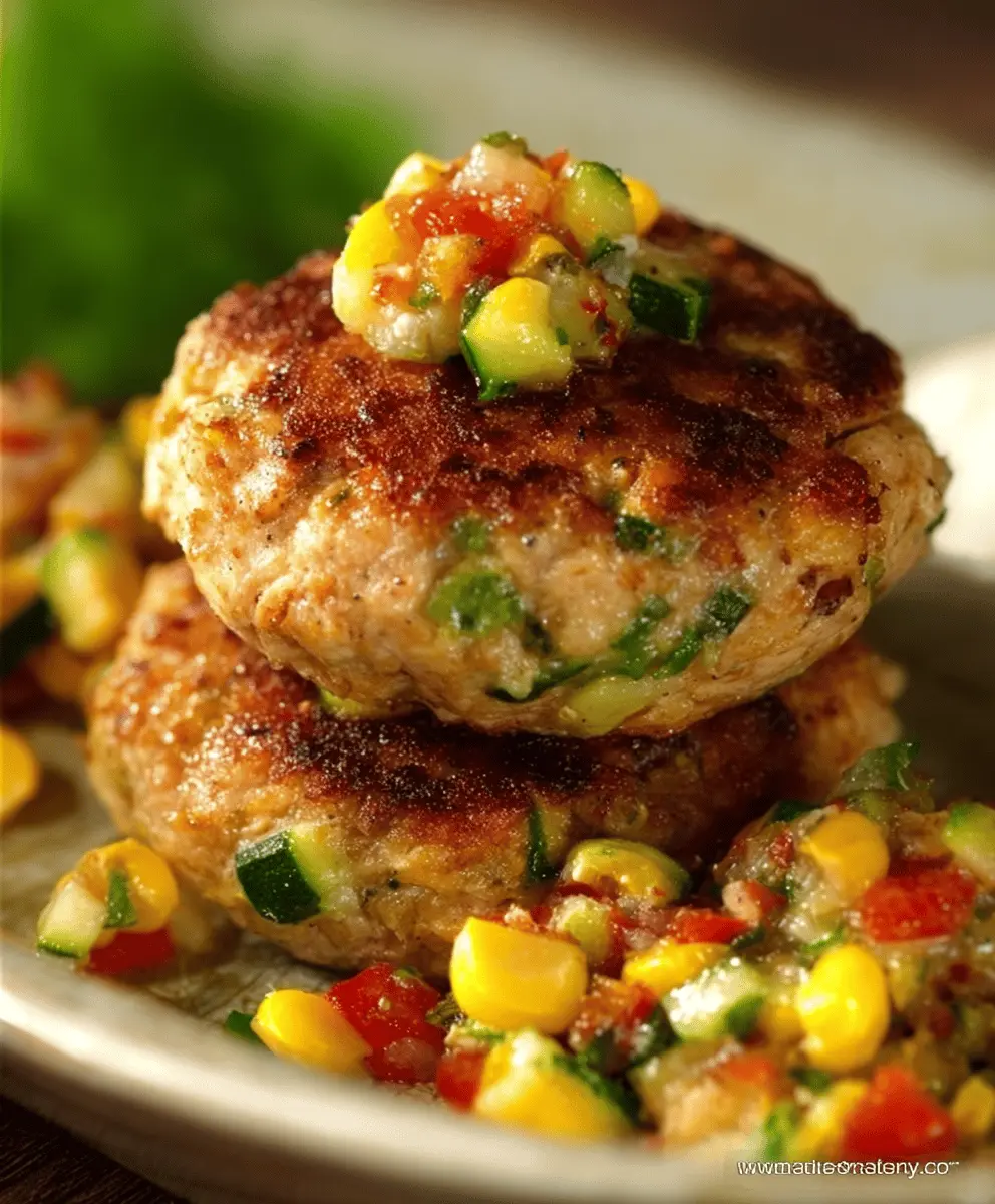 Healthy Chicken Zucchini Corn Burgers with Fresh Tomato Cucumber Relish