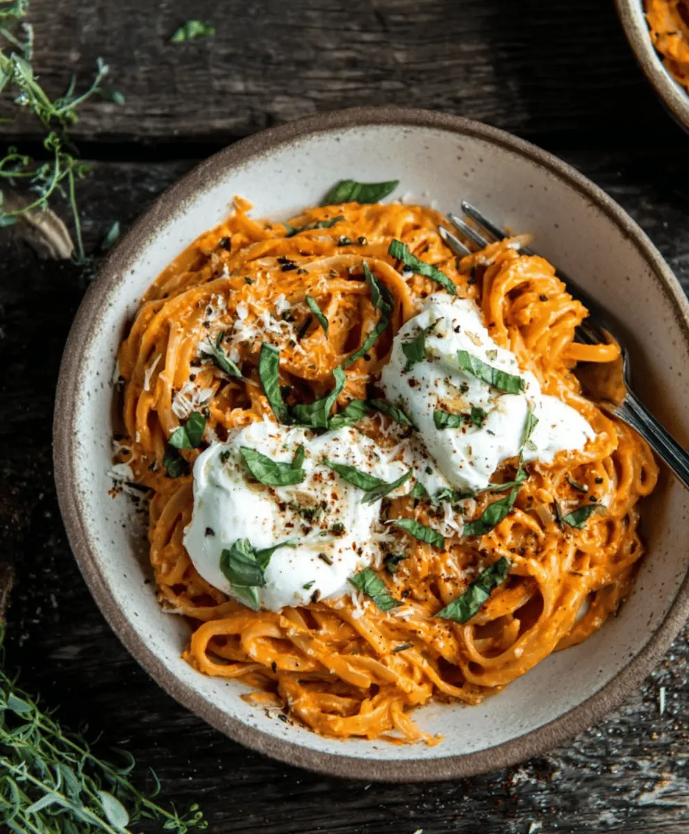 Creamy Red Pepper Pasta with Burrata and Fresh Herbs