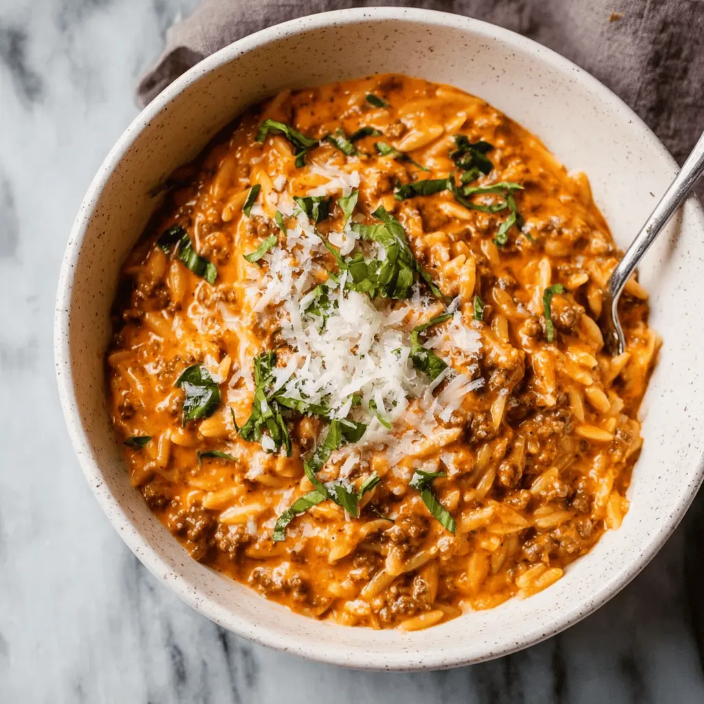 Creamy Tomato Ground Beef Orzo Dinner