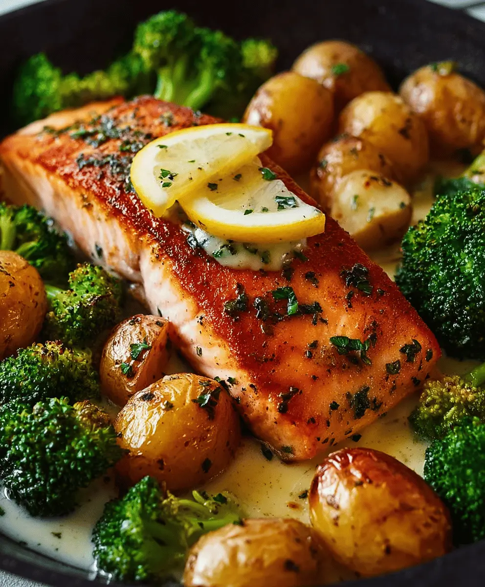 Lemon Butter Salmon with Crispy Potatoes and Broccoli