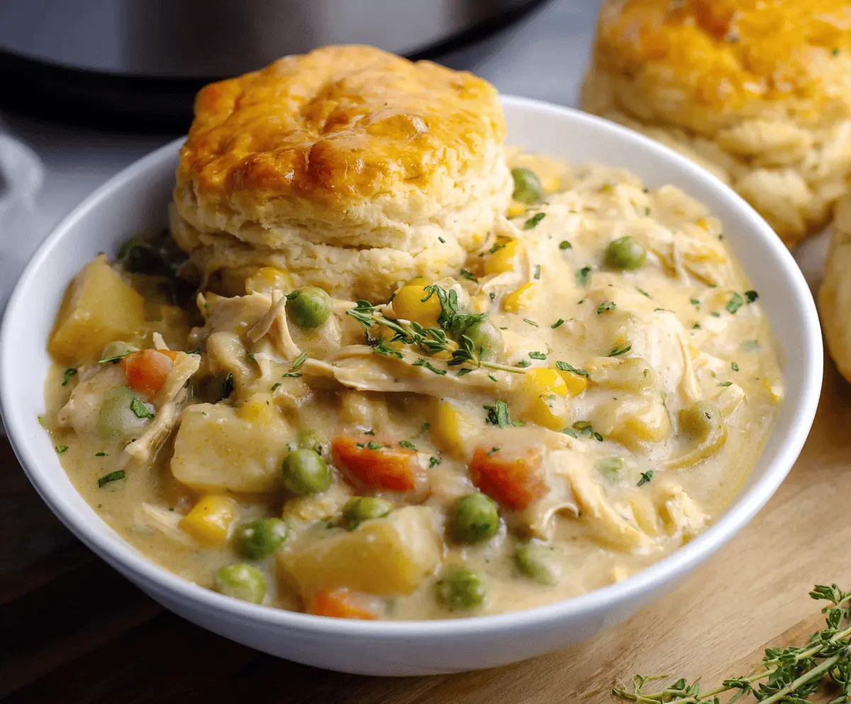 Easy Crock Pot Chicken Pot Pie with Biscuit Topping