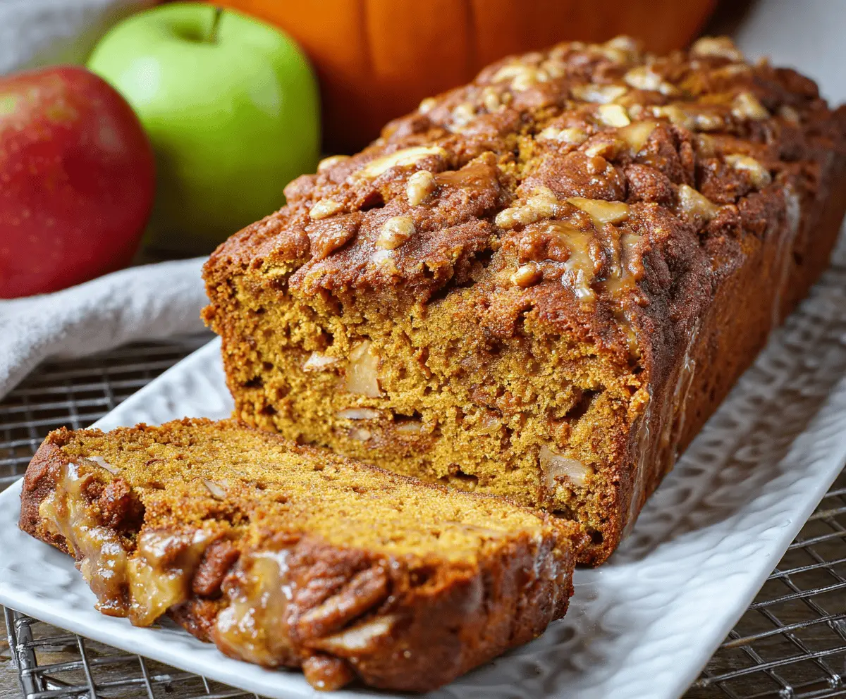 Delicious homemade apple pumpkin bread sliced and ready to serve, showcasing moist texture and fall flavors with fresh apples and pumpkin puree.