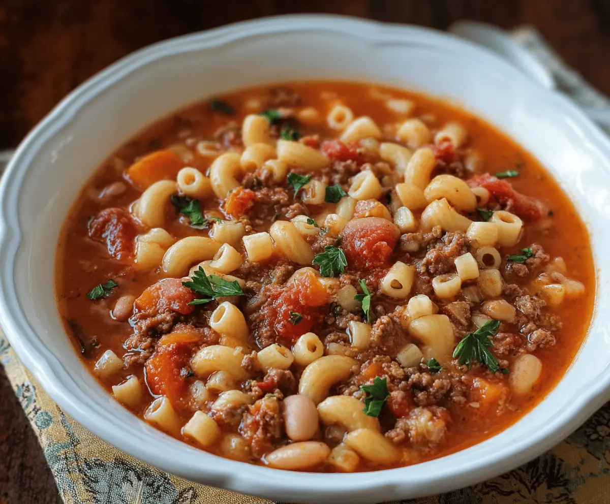 A bowl of warm Barefoot Contessa Pasta Fagioli soup with beans, vegetables, and herbs, garnished with fresh parsley, served in a rustic white bowl.