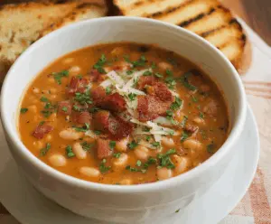 Creamy bean with bacon soup garnished with fresh herbs, served in a bowl with crispy bacon pieces on top