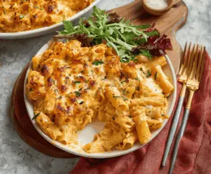 Creamy cheesy pumpkin ricotta pasta bake topped with melted cheese and fresh herbs, served in a baking dish.