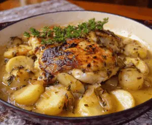 Delicious Chicken Normandy with French apple cider, herbs, and vegetables served in a rustic skillet