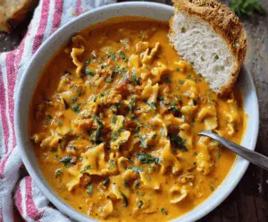 Creamy vegan lasagna soup with layered pasta, spinach, dairy-free cheese, and fresh herbs in a bowl