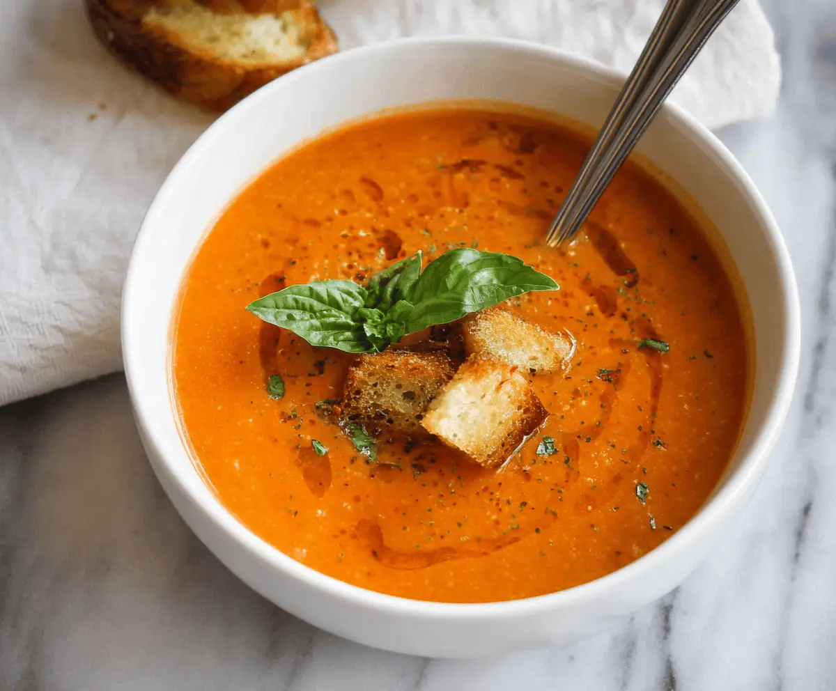 Creamy tomato soup served in a bowl with fresh basil and a slice of crusty bread, perfect for a comforting and easy-to-make recipe