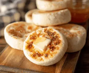 Freshly baked homemade English muffins with perfect crannies, golden brown crust, and soft, airy interior for the ultimate breakfast.