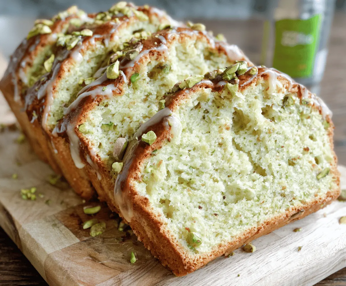 Delicious slice of Easy Pistachio Pudding Bread with a vibrant green color and a moist texture, perfect for dessert or snack