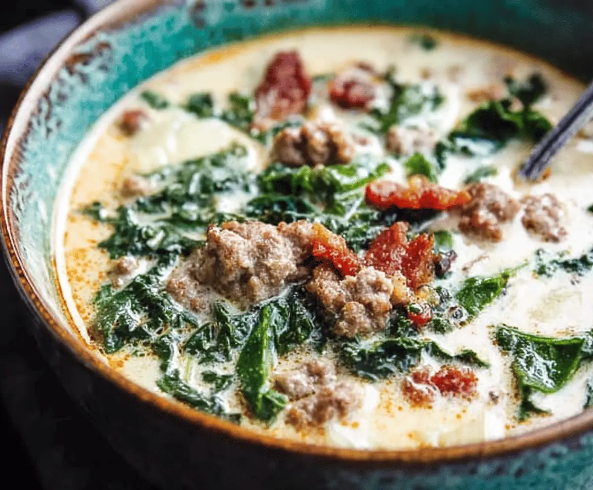 Creamy Zuppa Toscana soup with Italian sausage, kale, potatoes, and Parmesan cheese in a bowl, perfect for a comforting, easy-to-make meal