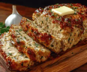 Garlic Parmesan Chicken Meatloaf served on a plate with fresh herbs, showcasing a savory and flavorful homemade meatloaf dish