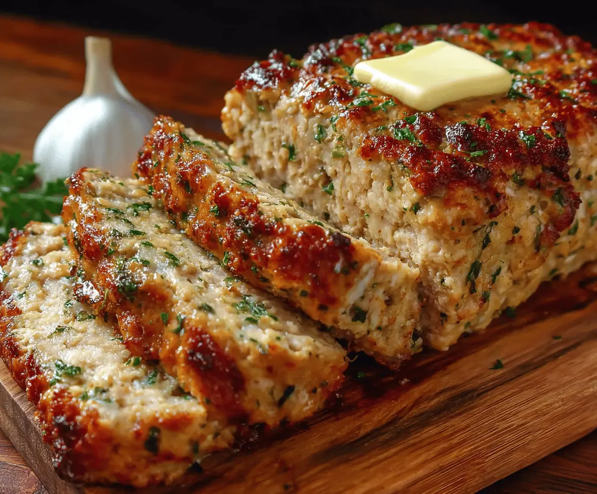 Garlic Parmesan Chicken Meatloaf served on a plate with fresh herbs, showcasing a savory and flavorful homemade meatloaf dish