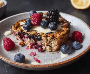 Delicious high protein berry bake with fresh mixed berries, topped with crunchy granola and served in a white bowl, perfect for a healthy breakfast or snack.