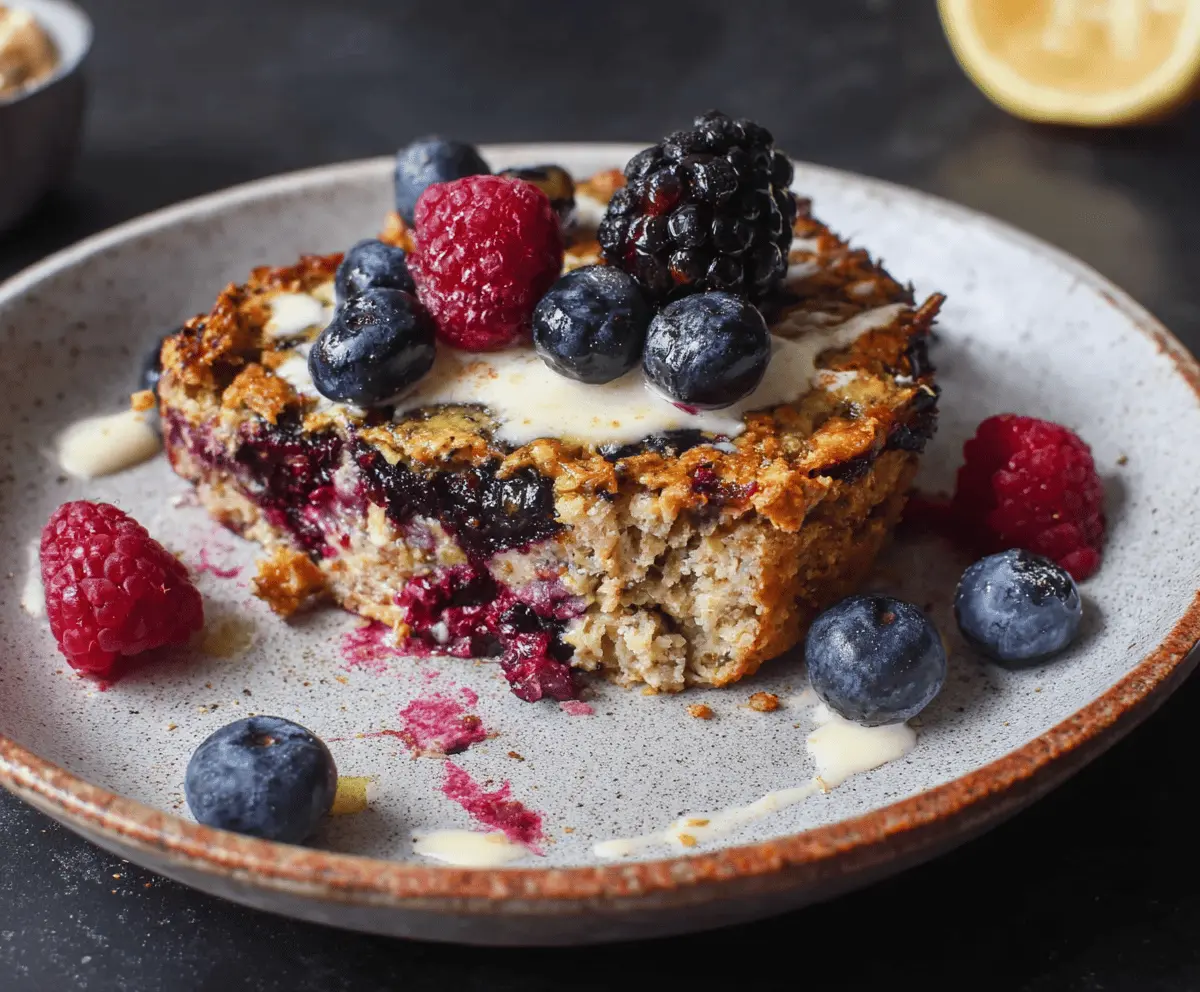Delicious high protein berry bake with fresh mixed berries, topped with crunchy granola and served in a white bowl, perfect for a healthy breakfast or snack.