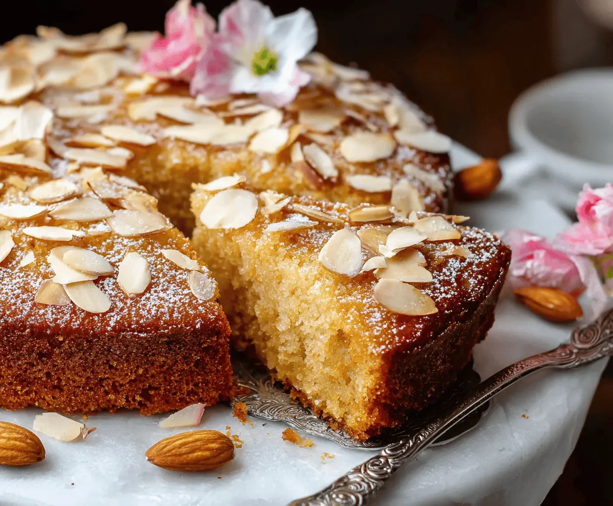 Delicious honey-soaked gluten-free almond cake topped with sliced almonds, perfect for dessert or special occasions.