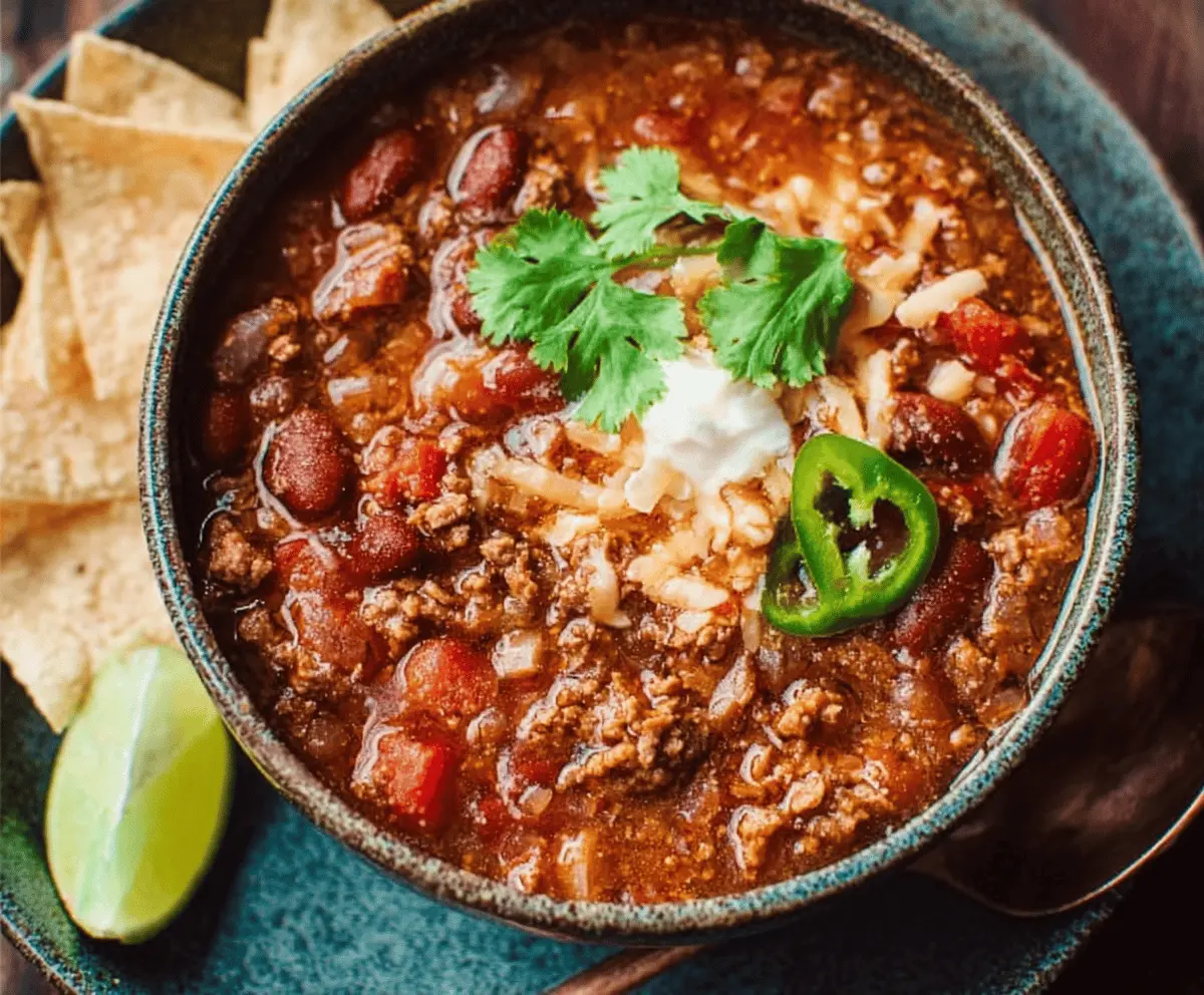 Delicious homemade Instant Pot bone broth chili in a bowl, featuring tender beef, beans, vegetables, and a flavorful broth, perfect for a comforting meal.