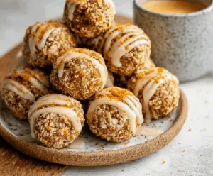 No-Bake Pumpkin Pie Energy Balls with pumpkin, oats, and spices on a white plate, healthy fall snack recipe