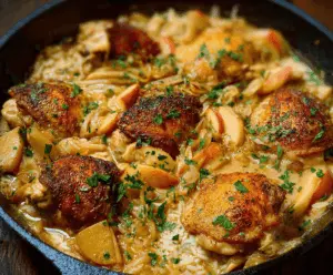 Delicious one pan chicken cooked with fresh apples, herbs, and spices, served in a skillet for a hearty and easy meal.