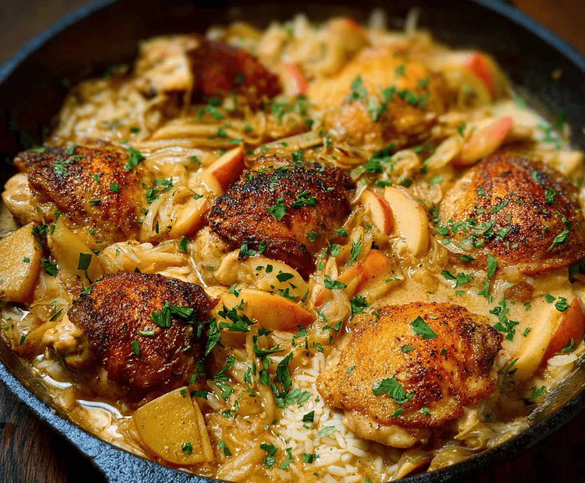 Delicious one pan chicken cooked with fresh apples, herbs, and spices, served in a skillet for a hearty and easy meal.