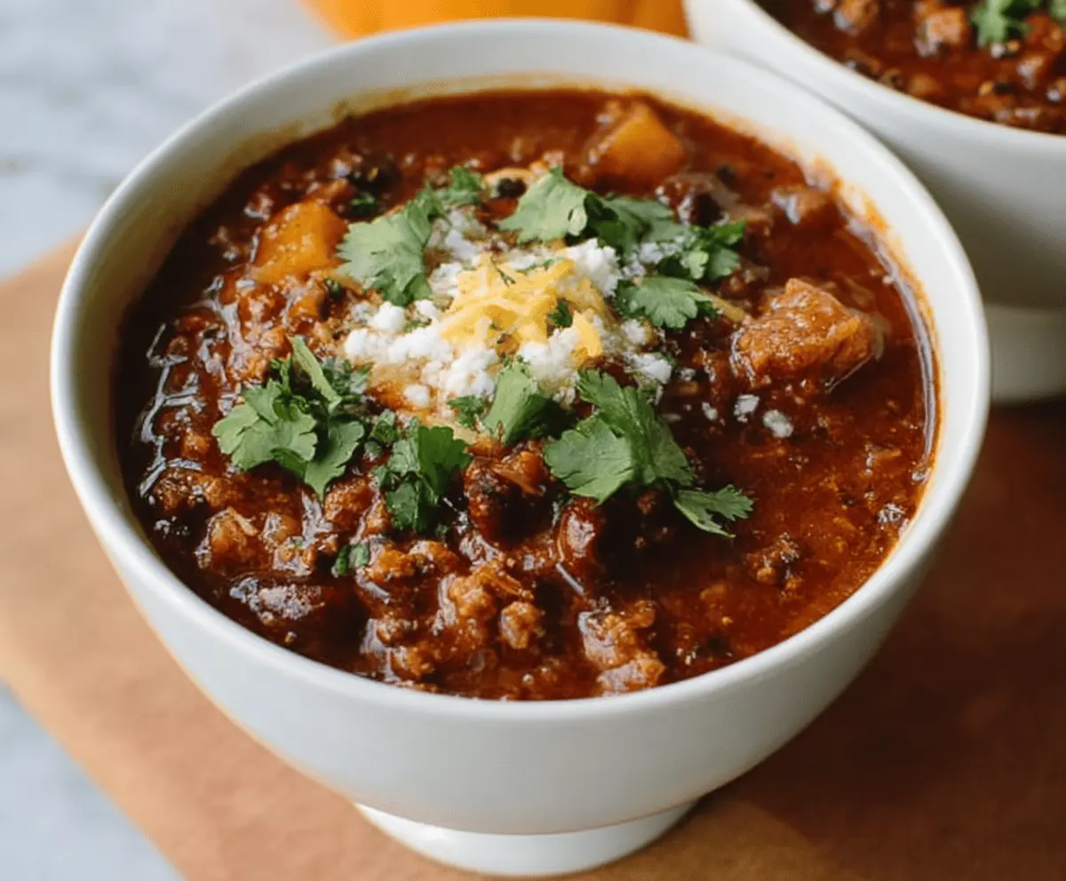 A delicious bowl of Paleo Pumpkin Chili topped with fresh herbs, featuring ground meat, beans, and seasonal pumpkin, perfect for a hearty and healthy fall meal.
