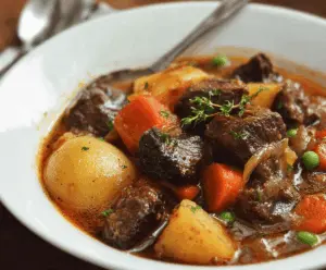Delicious homemade Pressure Cooker Beef Stew with tender beef chunks, vegetables, and savory broth served in a rustic bowl