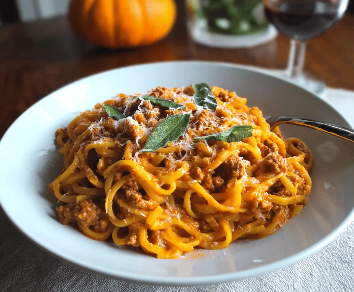 Delicious pumpkin Bolognese sauce served over pasta, garnished with fresh herbs for a cozy autumn-inspired meal.