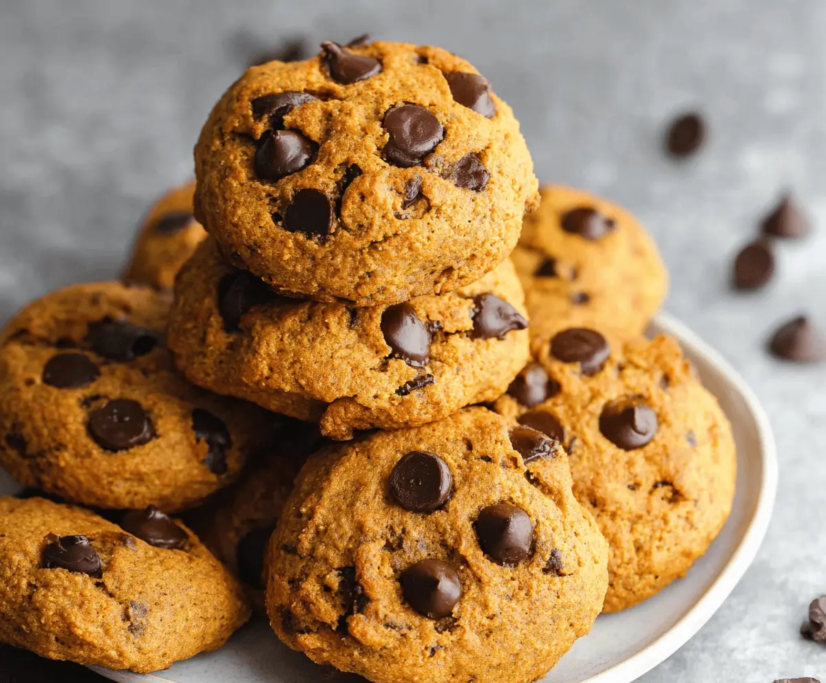 Delicious homemade pumpkin chocolate chip cookies fresh out of the oven, featuring soft pumpkin dough filled with melty chocolate chips, perfect for fall baking.