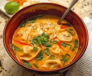 Delicious Red Curry Pot Sticker Soup with vibrant vegetables and flavorful broth served in a bowl