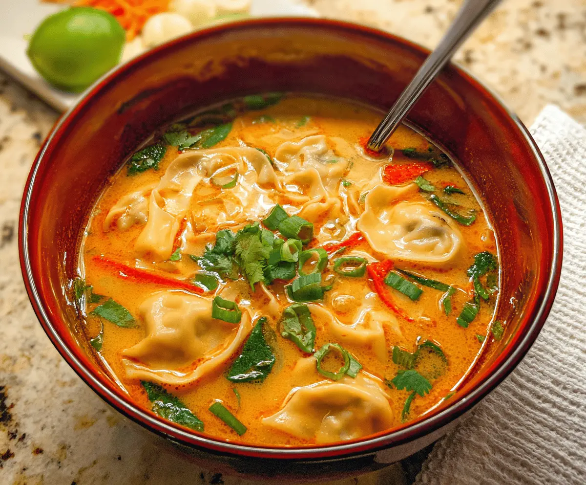 Delicious Red Curry Pot Sticker Soup with vibrant vegetables and flavorful broth served in a bowl