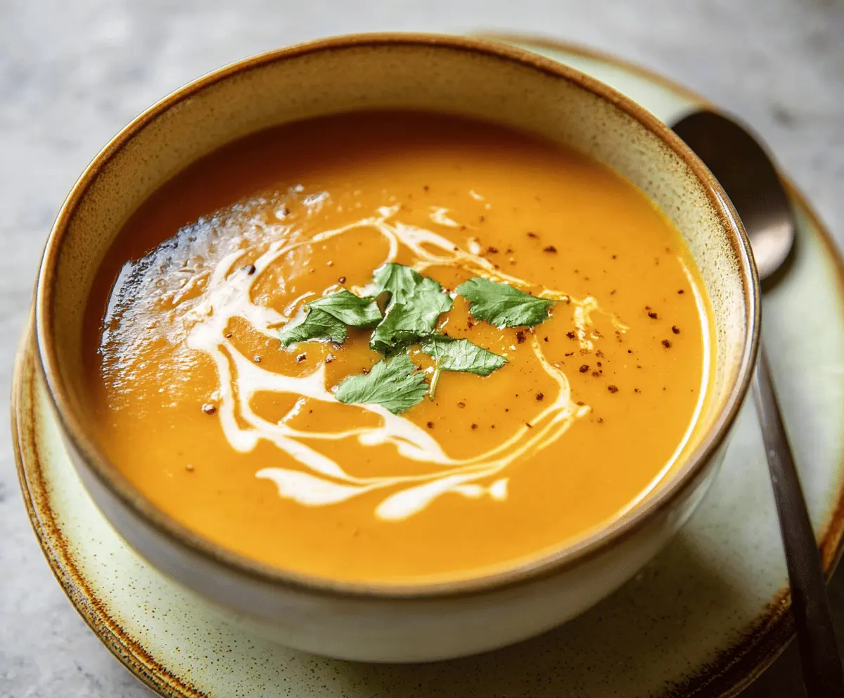 A bowl of spicy butternut squash and sweet potato soup garnished with herbs and a drizzle of cream, showcasing vibrant orange and yellow colors perfect for a comforting, flavorful dish.