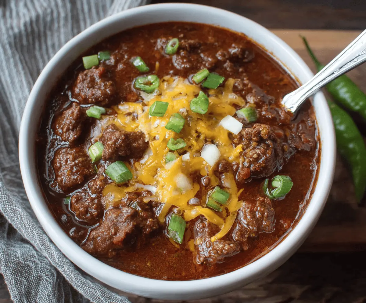 Spicy Texas Style No Bean Chili topped with shredded cheese and fresh herbs in a rustic bowl