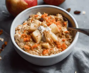 Creamy 10-Minute Apple Carrot Oatmeal served in a bowl with fresh apple slices and grated carrots, perfect for a quick healthy breakfast.