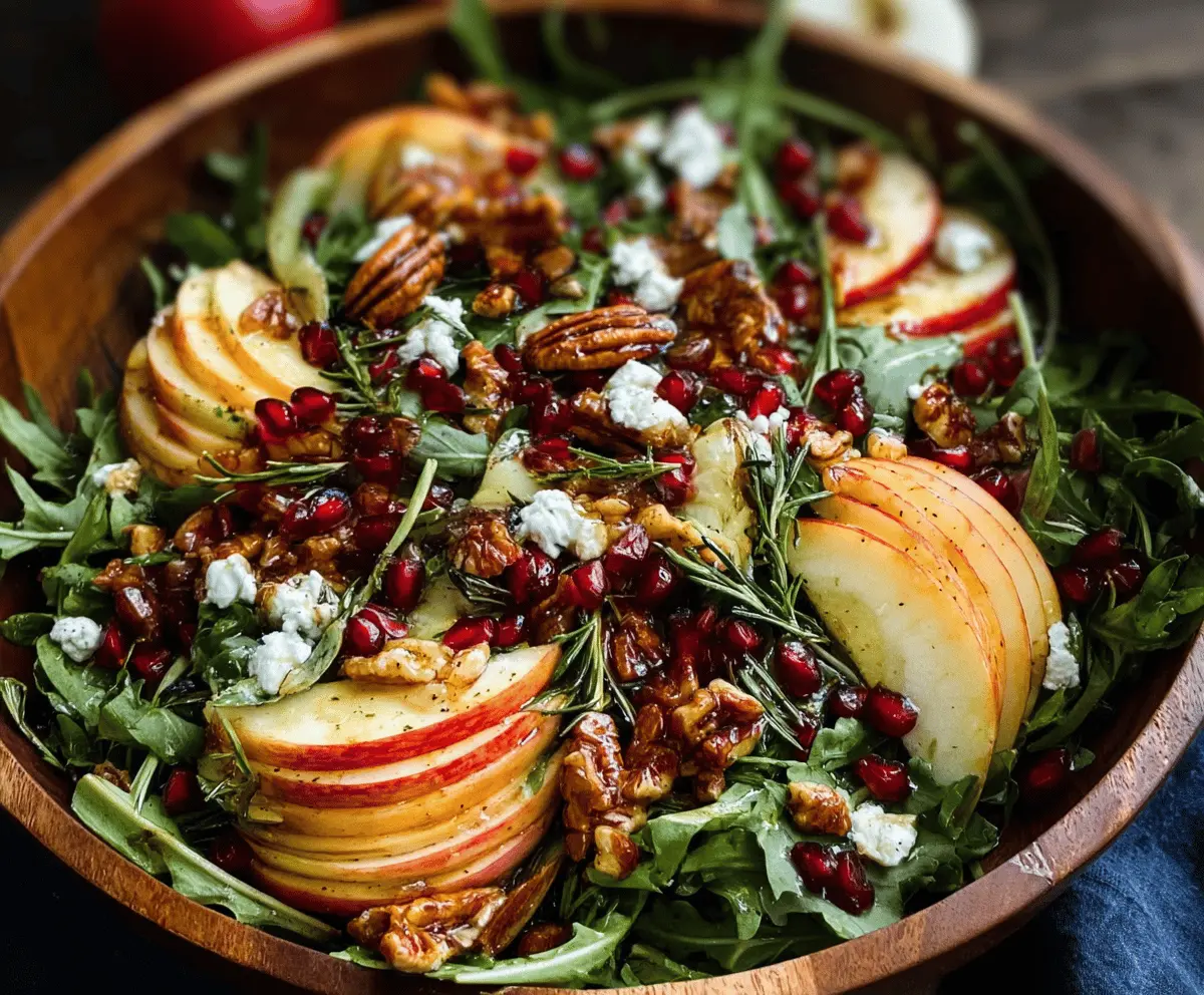 Fresh Honeycrisp apples, mixed greens, candied pecans, dried cranberries, and feta cheese in an autumn harvest salad bowl