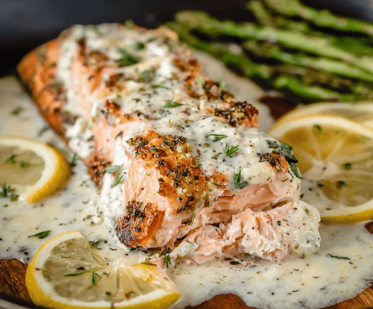 Delicious baked Boursin salmon garnished with fresh herbs on a white plate, ready to serve