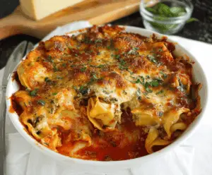 Delicious baked tortellini lasagna with melted cheese and fresh herbs, served hot on a plate