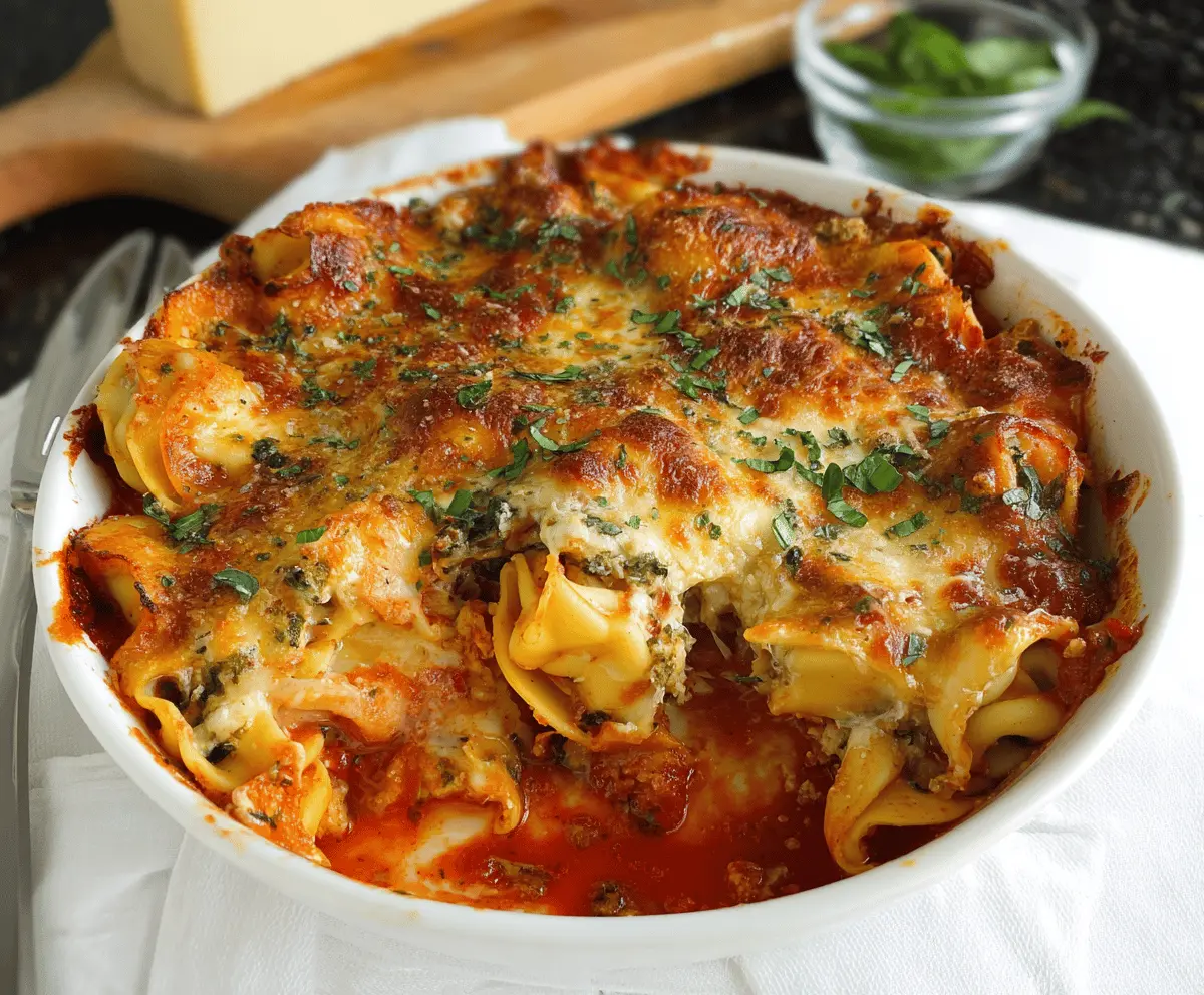 Delicious baked tortellini lasagna with melted cheese and fresh herbs, served hot on a plate