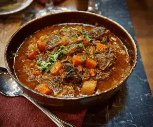 A steaming bowl of Becky’s Favorite Oxtail Stew featuring tender oxtail chunks, fresh vegetables, and flavorful herbs served in a rustic bowl