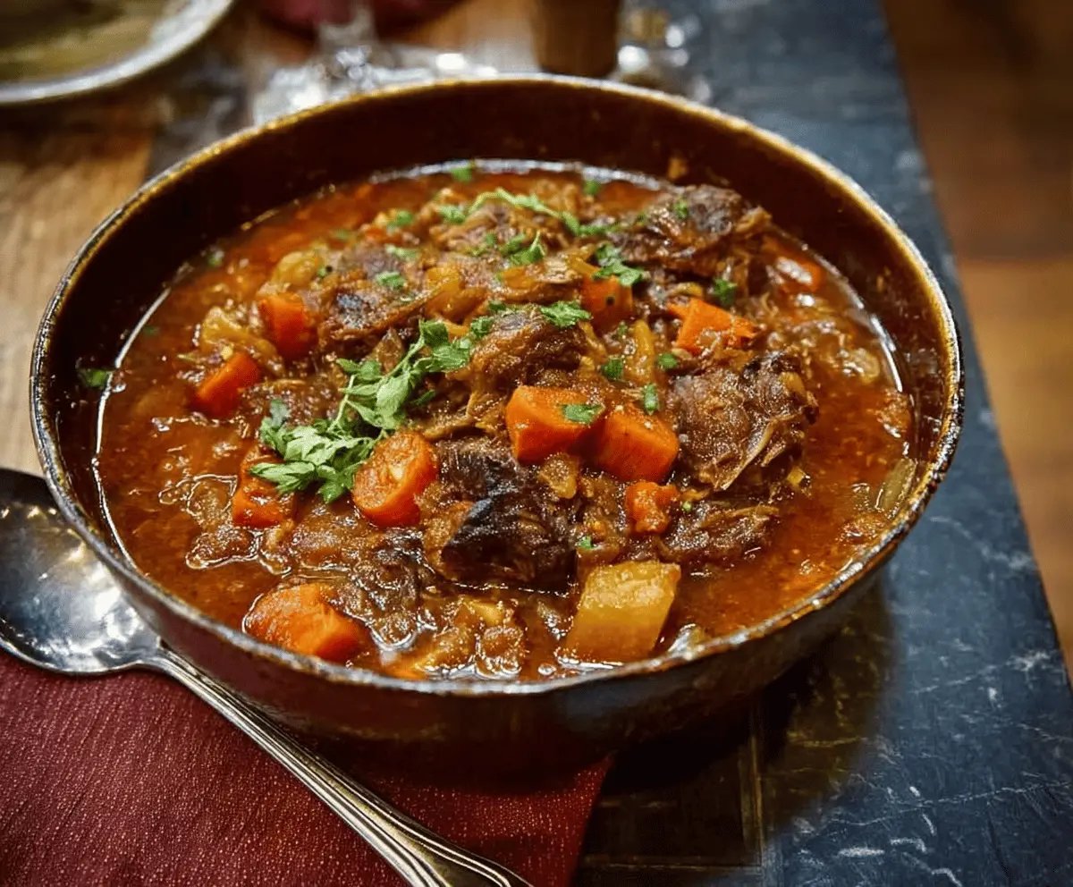 A steaming bowl of Becky’s Favorite Oxtail Stew featuring tender oxtail chunks, fresh vegetables, and flavorful herbs served in a rustic bowl