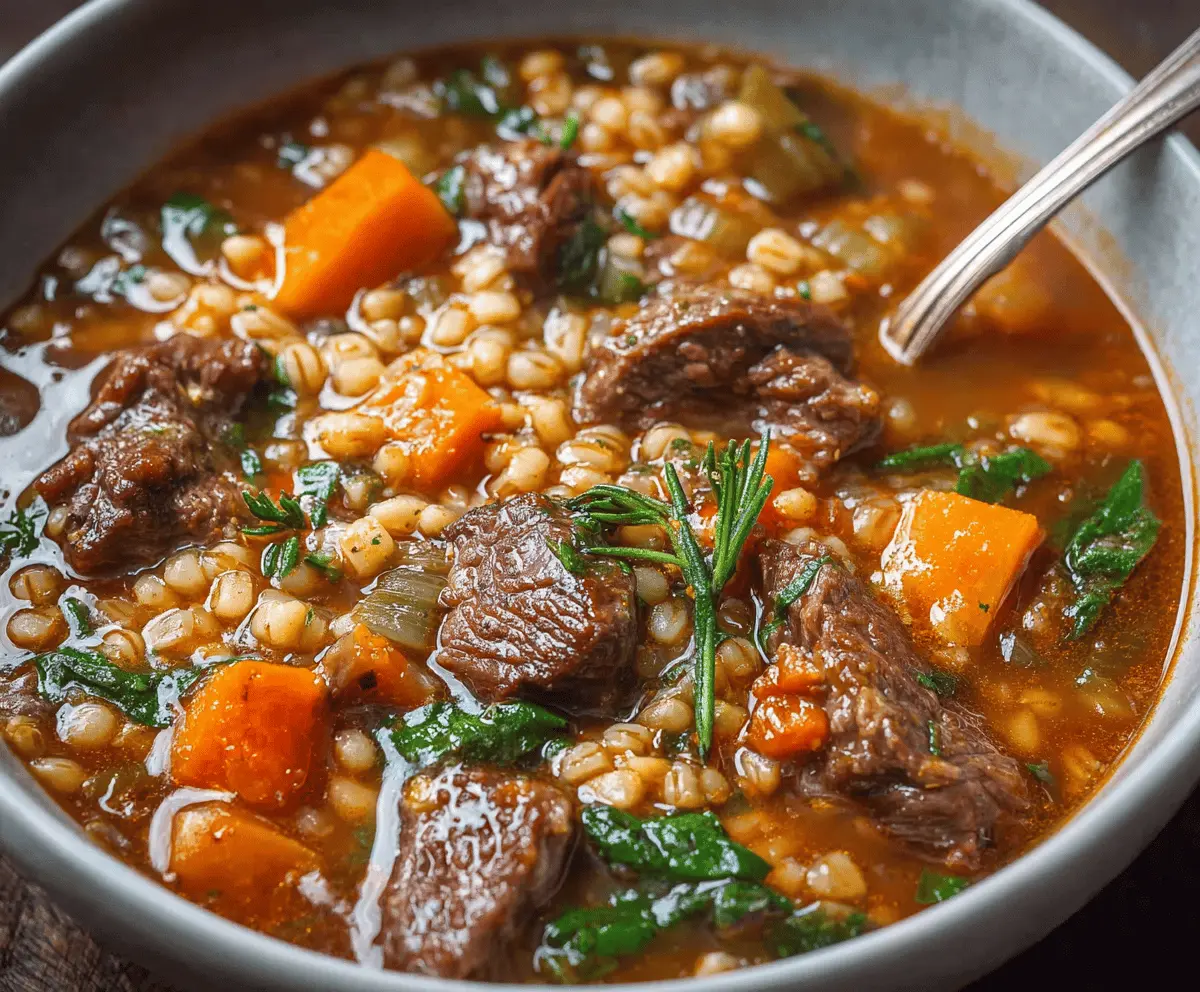 Hearty beef and barley stew served in a rustic bowl with fresh herbs, perfect for comforting homemade meals.