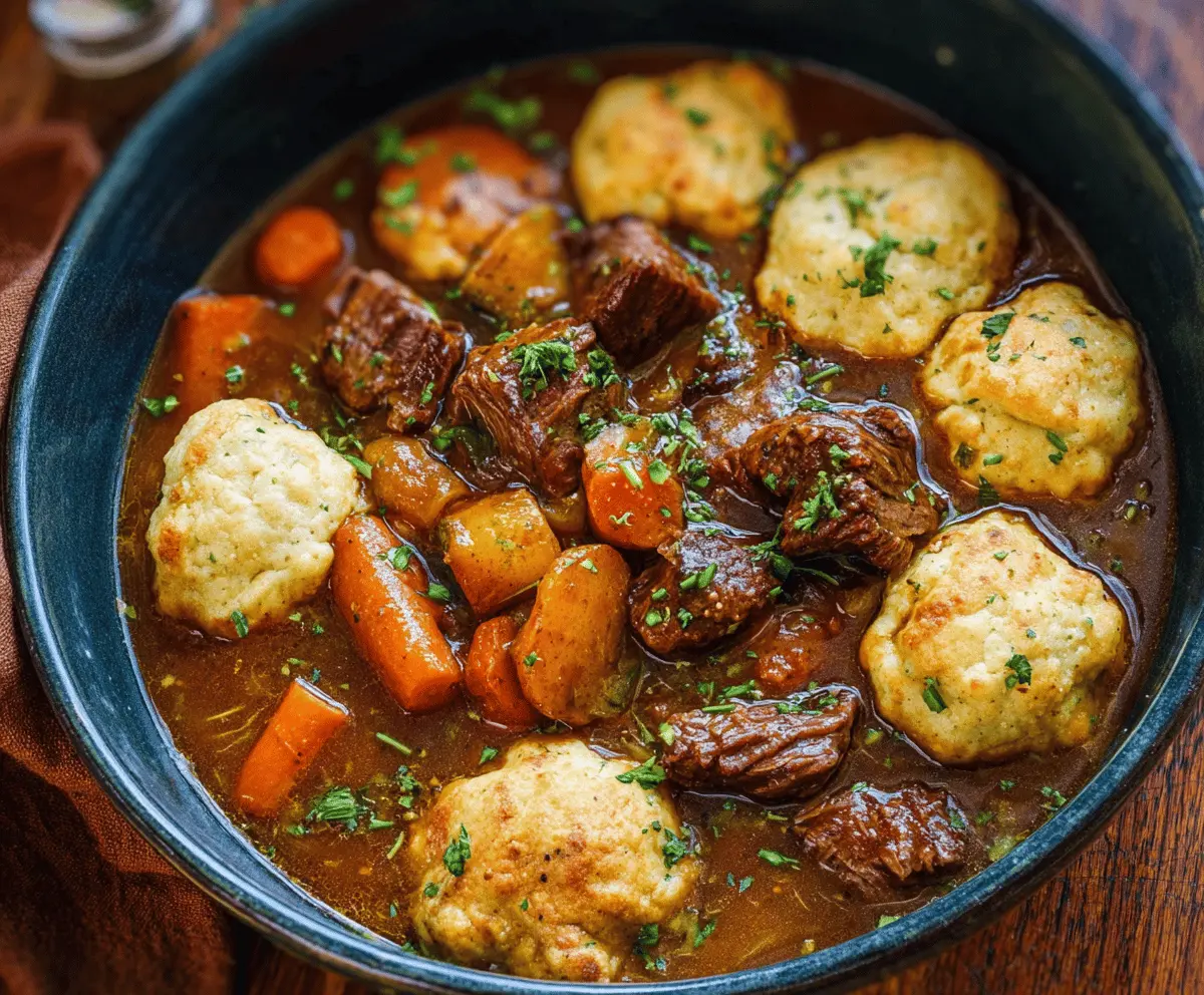 Hearty beef stew with fluffy dumplings in a rustic bowl, perfect for a comforting meal.