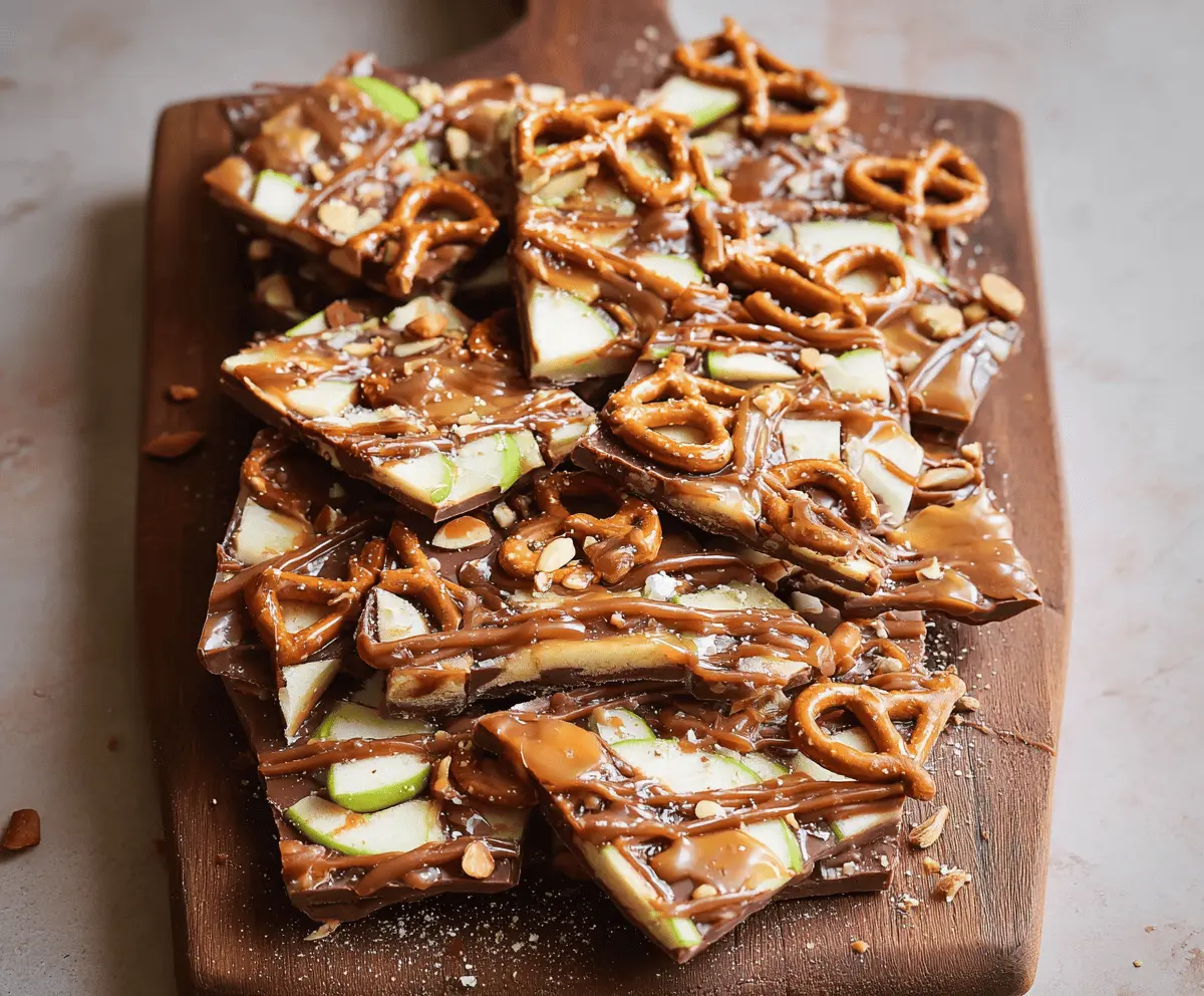 Delicious caramel apple bark topped with pretzels and apple slices on a rustic wooden table