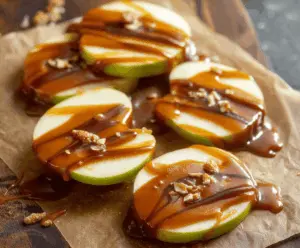 Sweet caramel apple slices topped with crunchy nuts, perfect for a delicious fall treat.