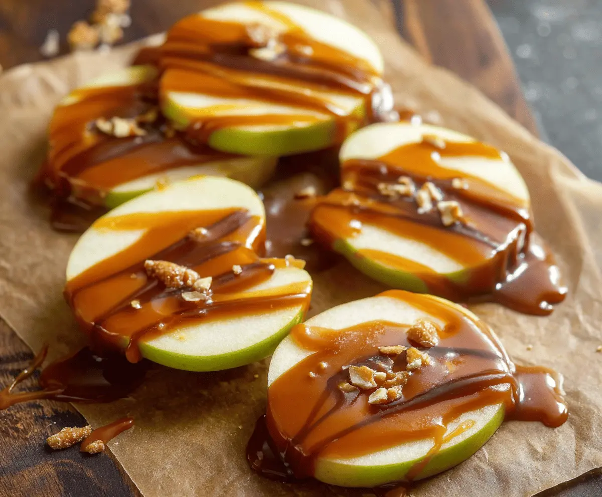 Sweet caramel apple slices topped with crunchy nuts, perfect for a delicious fall treat.